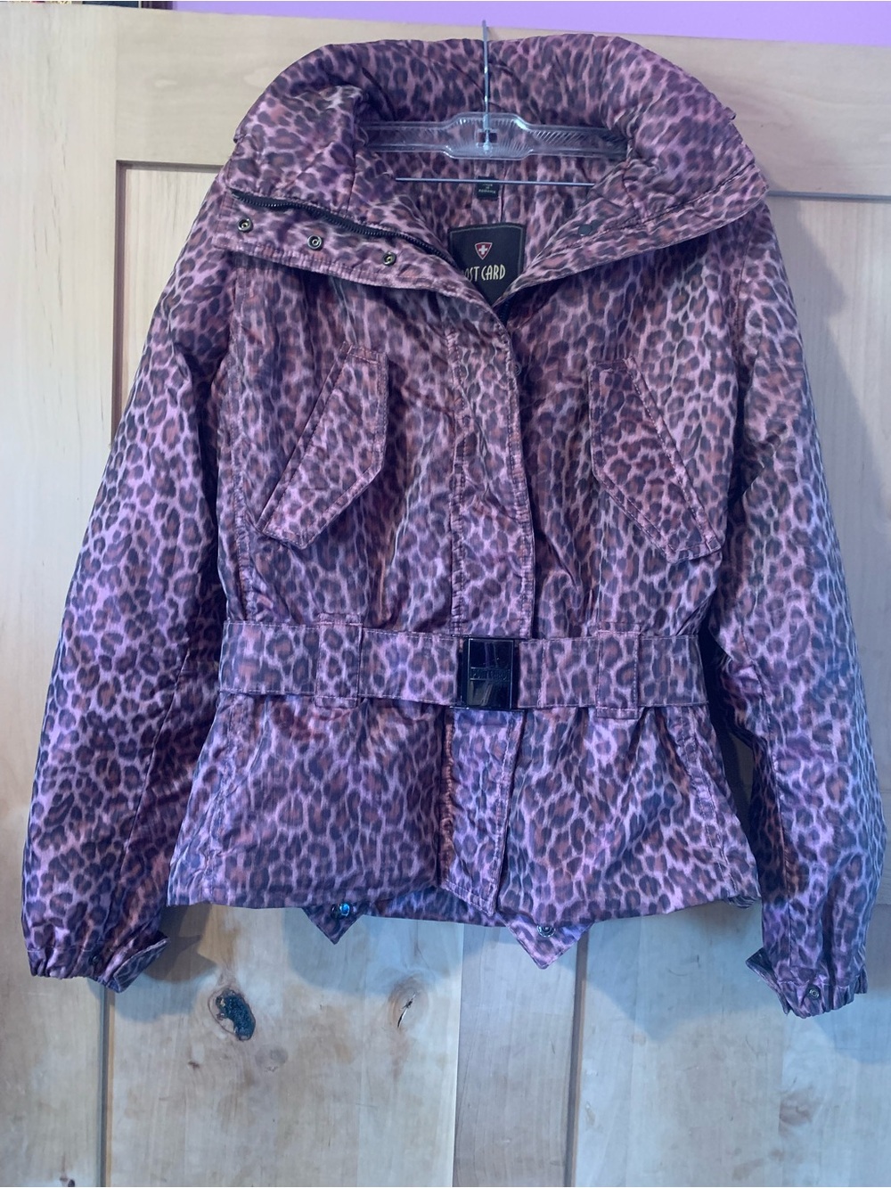 Vintage Women’s Post Card Pink Leopard Print Belted Puffer Jacket -